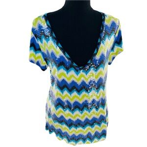INC International Concepts Chevron Pattern Sequin Front Deep V Blouse Size Large